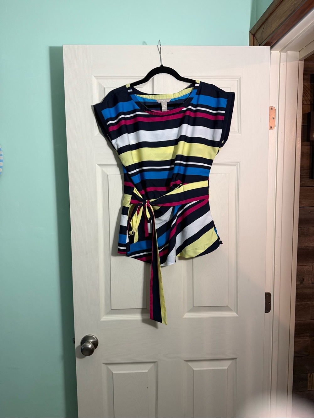 Banana Republic Multicolor Striped Tie-Waist Cap Sleeve Top